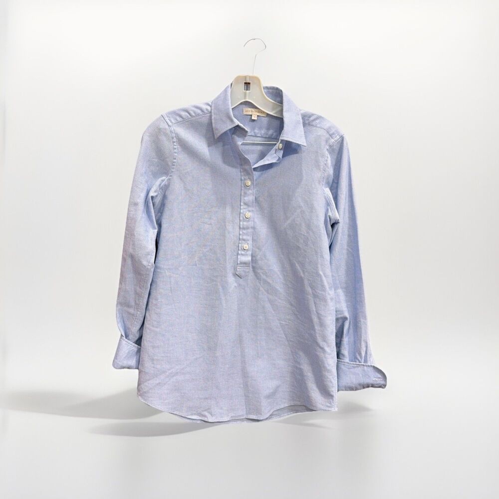 Ann Mashburn Popover Poplin Blouse Blue White Size Small